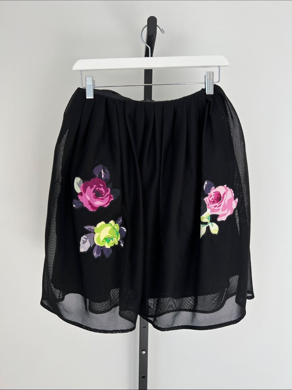 Carven Black Skirt with Pink and Green Floral Appliqué